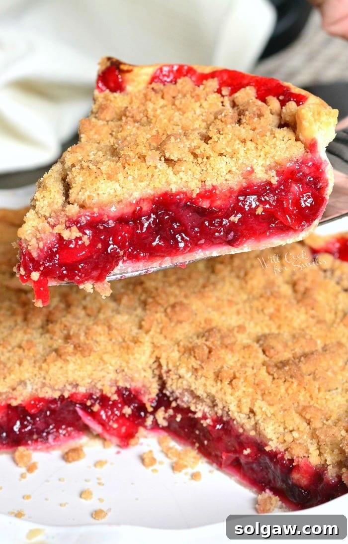 A slice of warm Apple Cranberry Pie being carefully lifted out of the pie pan, showcasing its rich filling and crumbly topping.