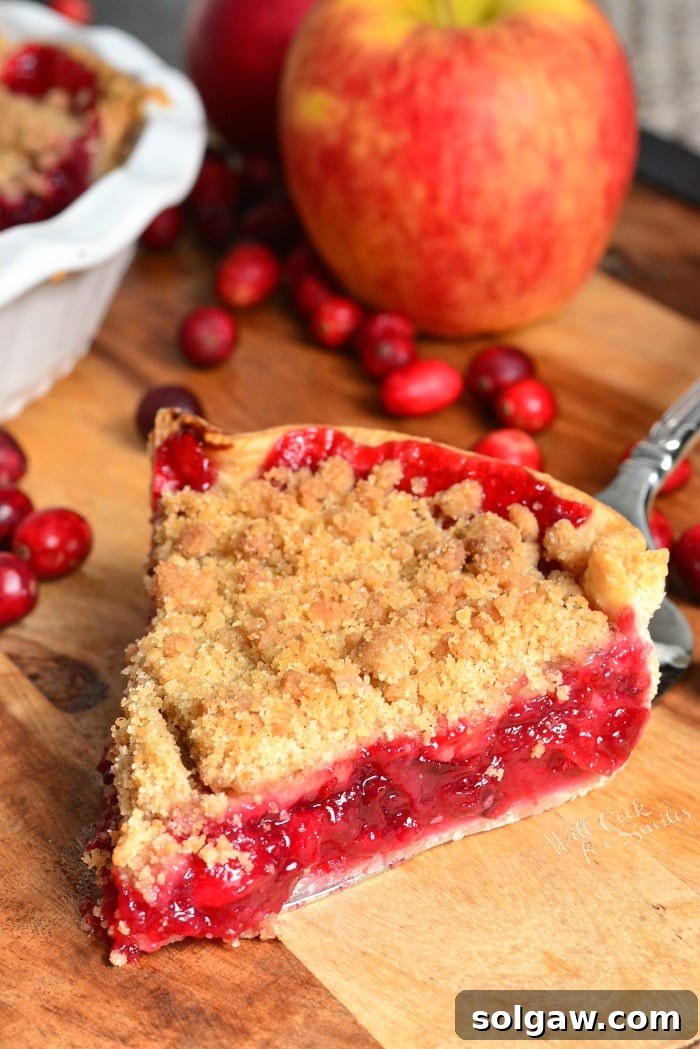 A perfectly baked slice of Apple Cranberry Pie served on a wooden board, with fresh apples and cranberries in the background.