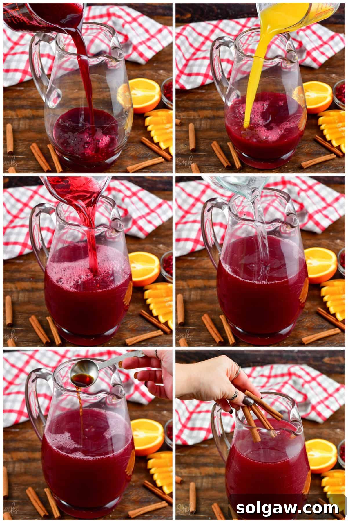 A six-image collage showing the step-by-step process of pouring ingredients into a pitcher to make the Christmas punch.