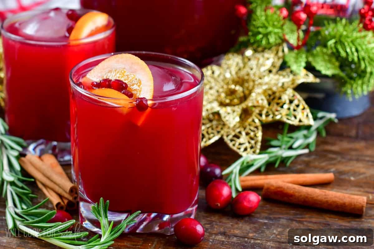 Christmas punch in a glass, with a second glass in the background, surrounded by fresh rosemary, bright cranberries, and fragrant cinnamon sticks, setting a festive mood.