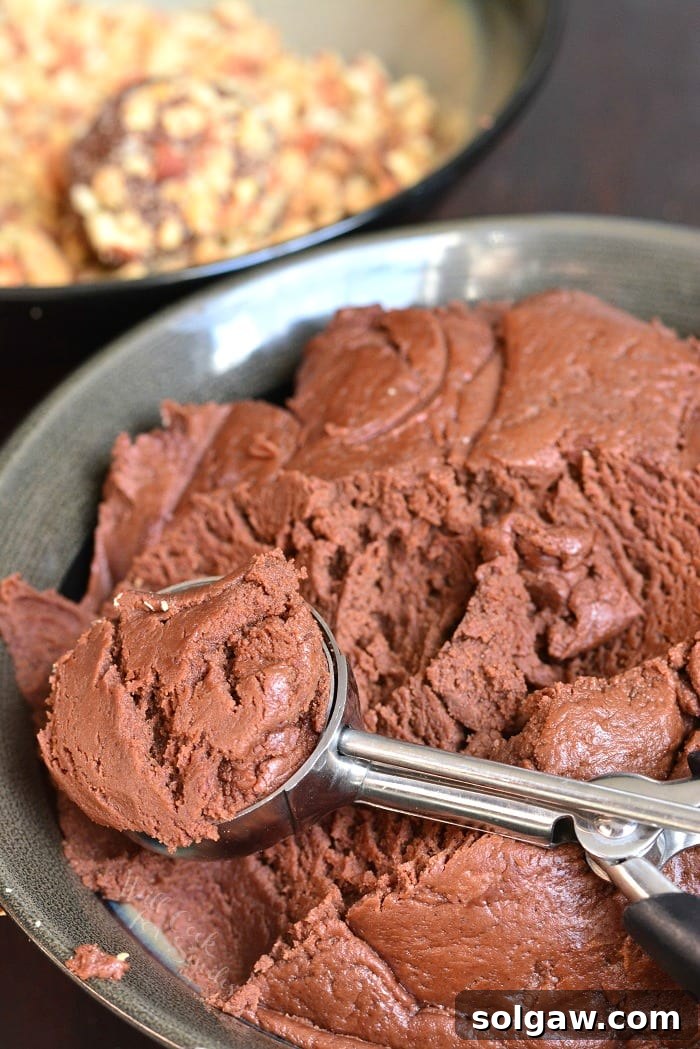 scooping Nutella Cookies out of metal bowl with a scoop