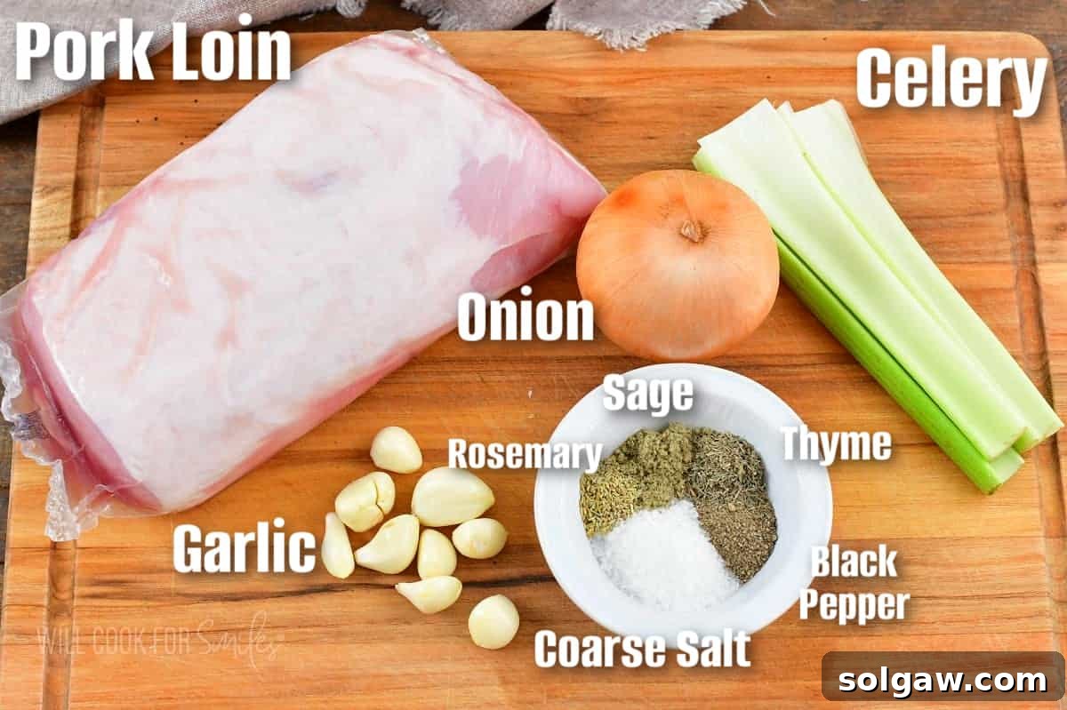 Aromatic Garlic Pork Loin 3 labeled ingredients to make roasted garlic pork loin on the cutting board.