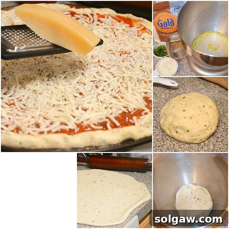 Parmesan Basil Infused Pizza Dough 3 pizza collage, grating cheese over pizza dough and sauce, butter in a bowl, pizza do in a ball on the counter top, pizza dough rolled out , last photo is of pizza dough in a metal bowl