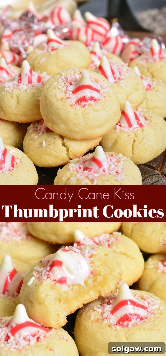 A collage of Thumbprint Cookies with Candy Cane Kisses, showing different angles and textures.