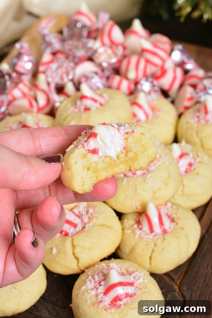 A plate of Thumbprint Cookies with Candy Cane Kisses, showcasing their irresistible festive charm.