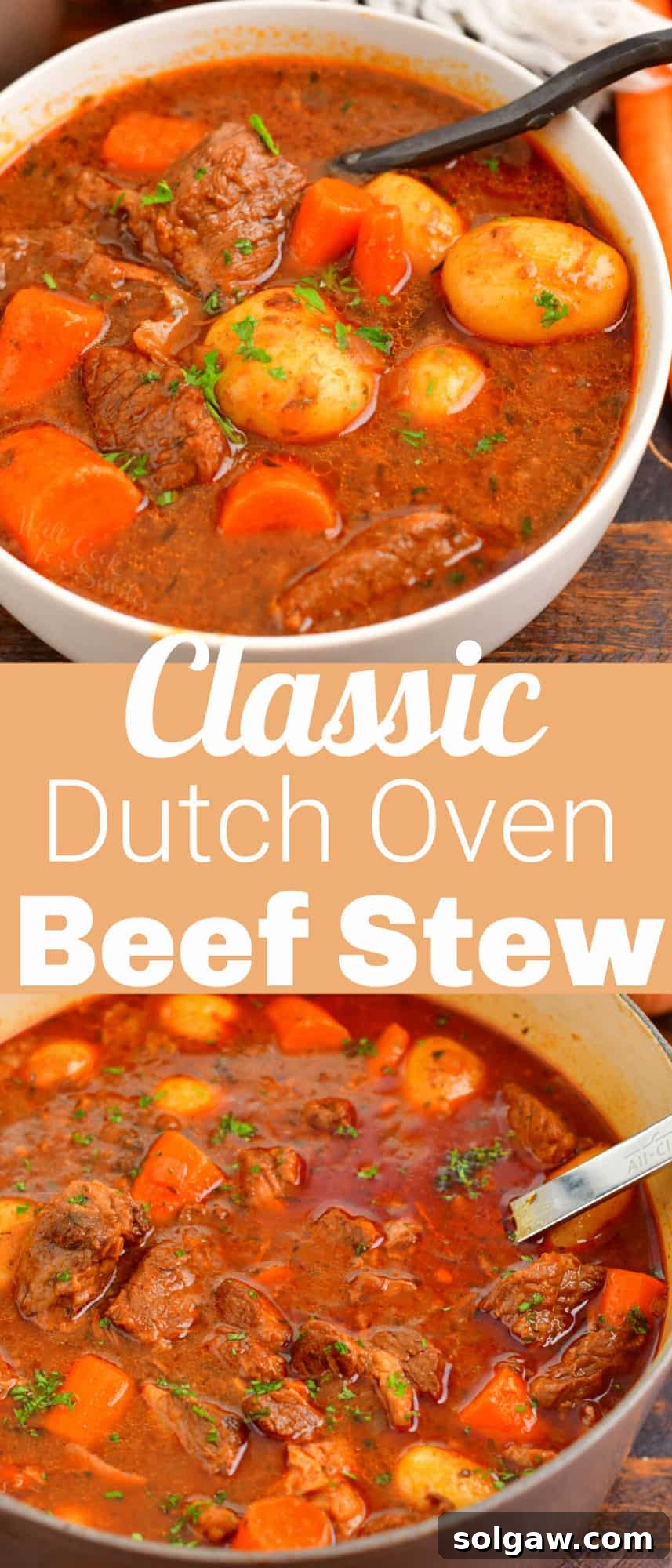 A collage of two images showing beef stew in a bowl and simmering in a pot, emphasizing its hearty nature