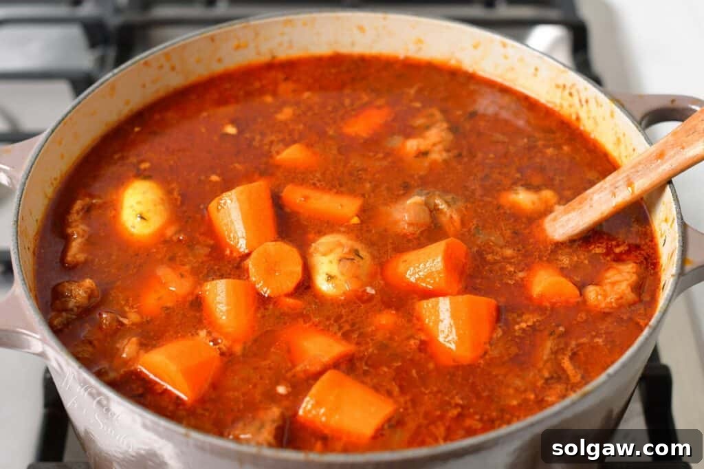Adding chopped carrots and potatoes to the simmering beef stew in a Dutch oven