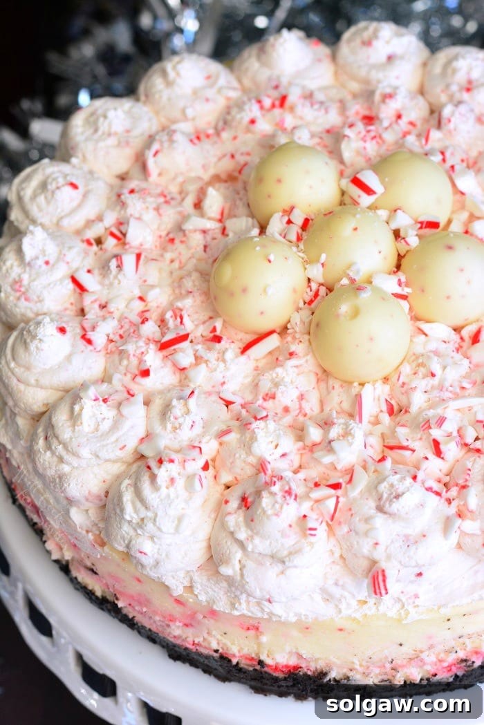 Peppermint Bliss Cheesecake 2 Elegant Peppermint Cheesecake on a pristine cake stand, ready for holiday festivities
