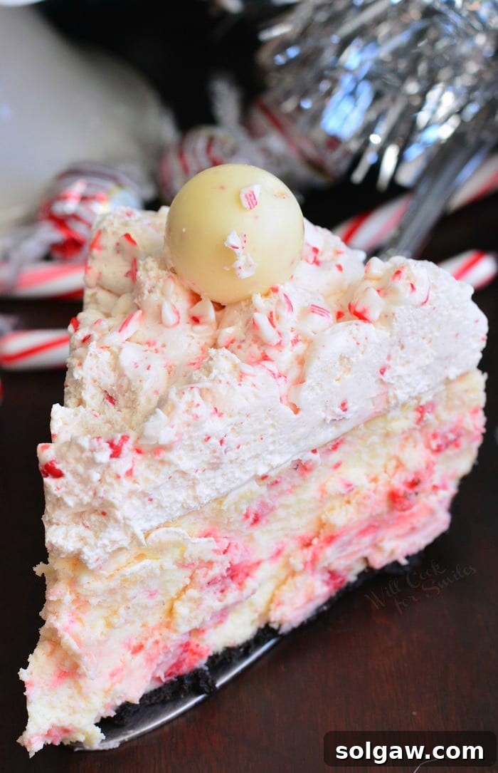 Peppermint Bliss Cheesecake 5 A close-up of a Peppermint Cheesecake slice on a table, garnished with festive candy canes in the background, emphasizing its delicious appeal.