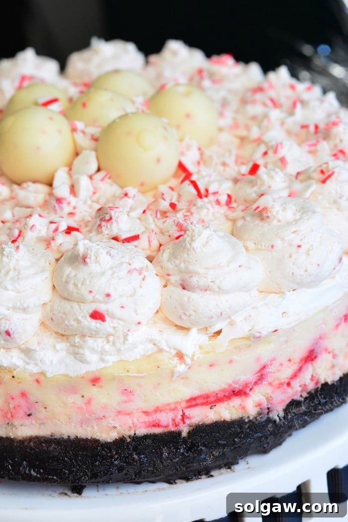 Peppermint Bliss Cheesecake 6 A stunning Peppermint Cheesecake presented on a cake stand, highlighting its festive appearance and inviting texture.