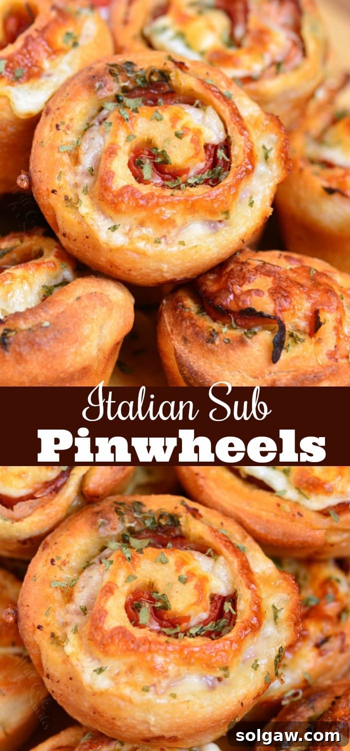 A collage of various Italian Sub Pinwheel images, showcasing the preparation and final baked product.