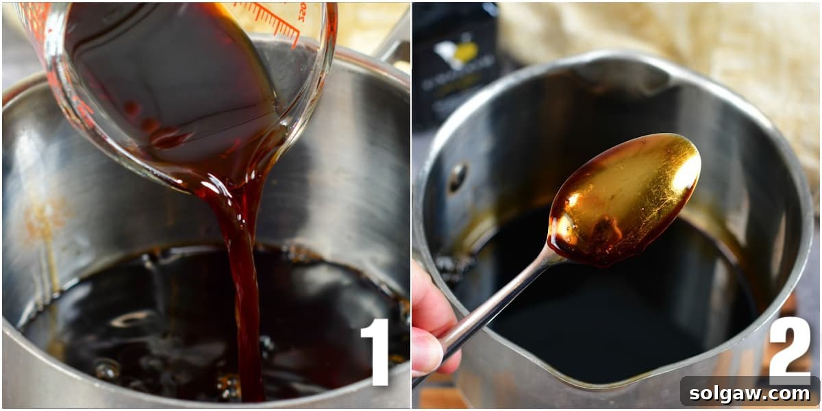 collage of two images of pouring balsamic vinegar into a pot and spoon coated with reduction.