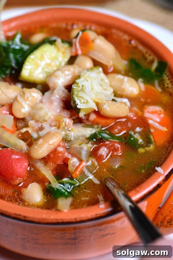 Rustic Italian Minestrone 2 Closeup of a red bowl with minestrone soup with a spoon, showcasing rich broth and vibrant vegetables.