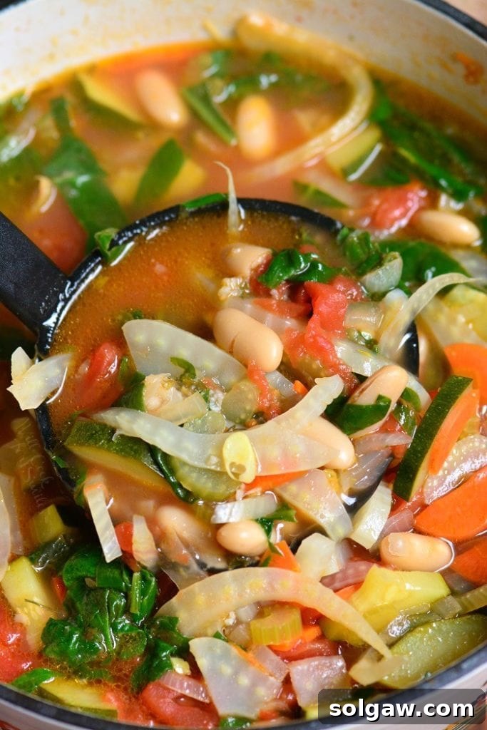 Rustic Italian Minestrone 3 Ladling out minestrone soup from a large pot into a serving bowl.