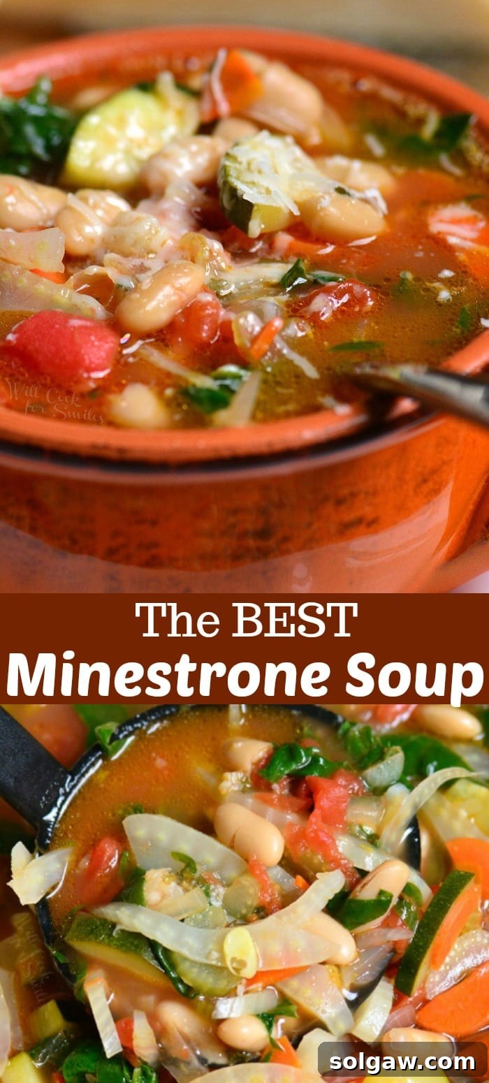 Rustic Italian Minestrone 6 Collage of two closeup images of minestrone soup, highlighting the fresh ingredients.