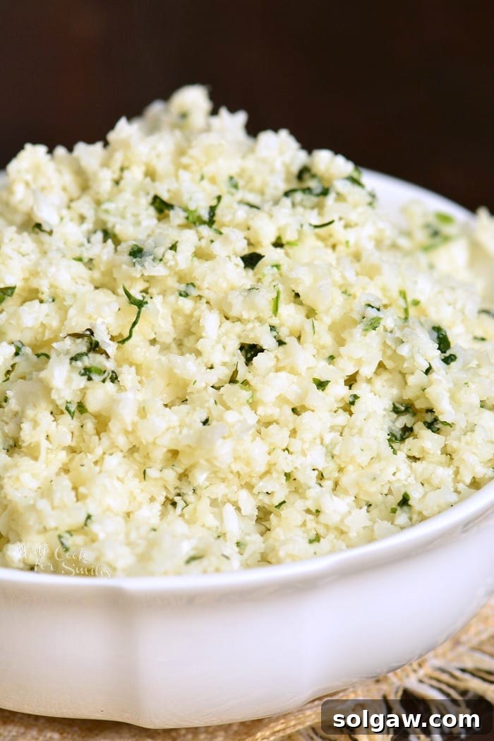 Cauliflower rice in a serving bowl 