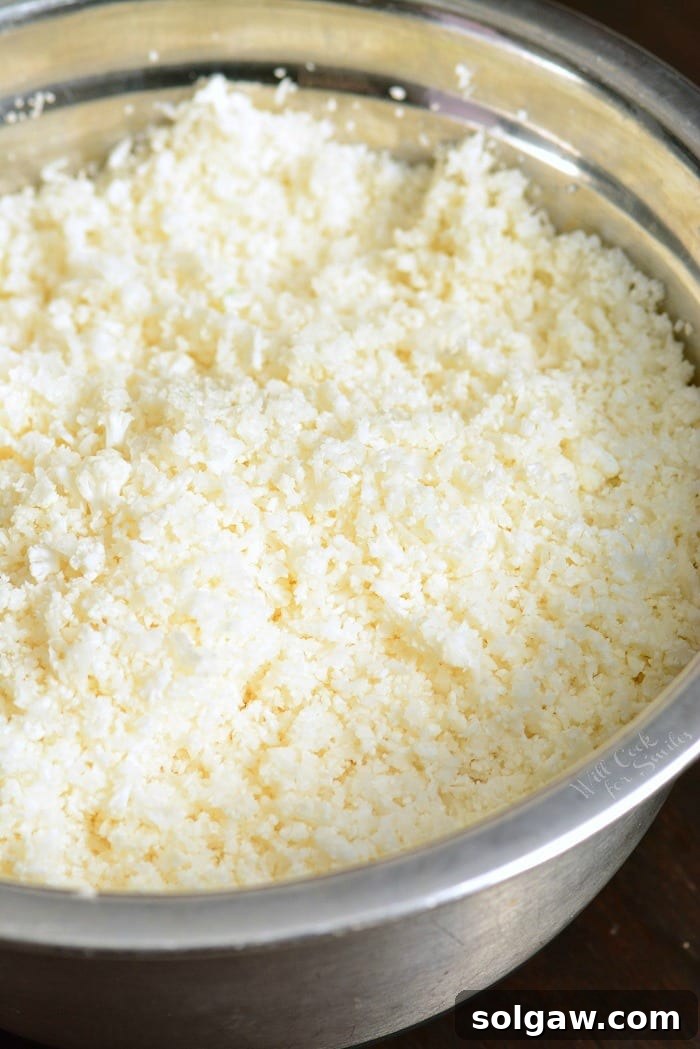 Cauliflower rice in a metal bowl 