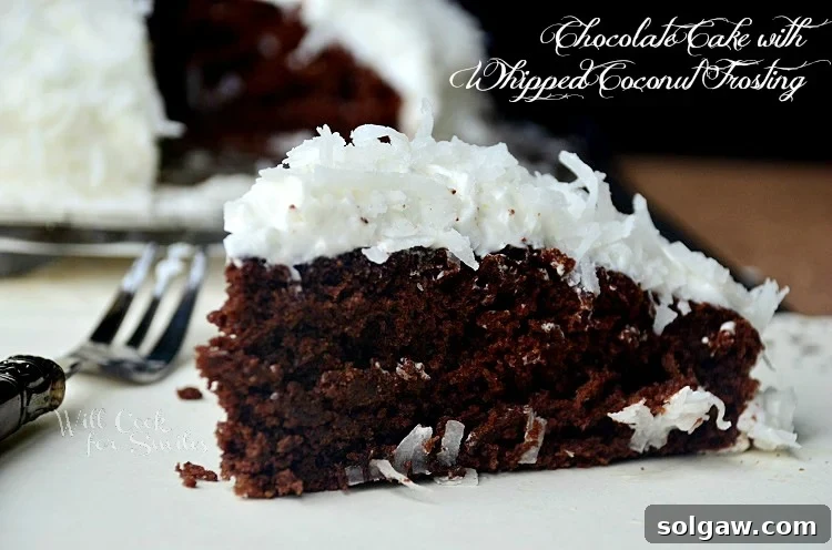 Close-up shot of a single slice of chocolate coconut cake on a glass plate, with the full cake in the background, emphasizing its tempting layers and frosting.