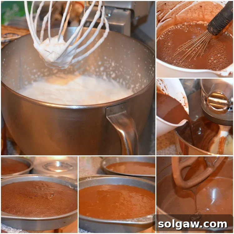 A six-panel collage showing various stages of cake batter being whipped in a mixer, from initial mixing to a smooth, glossy consistency.
