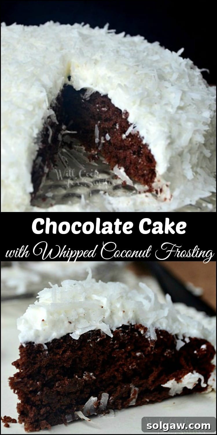 A vibrant collage featuring a homemade chocolate coconut cake with various close-up shots of its frosted top and a delectable slice.