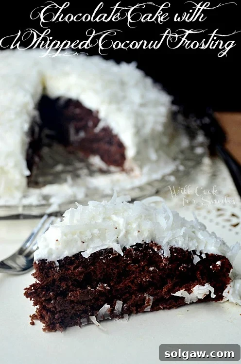 A frontal shot of a single slice of chocolate coconut cake on a glass plate, with a slightly blurred whole cake in the background, highlighting the tempting texture.