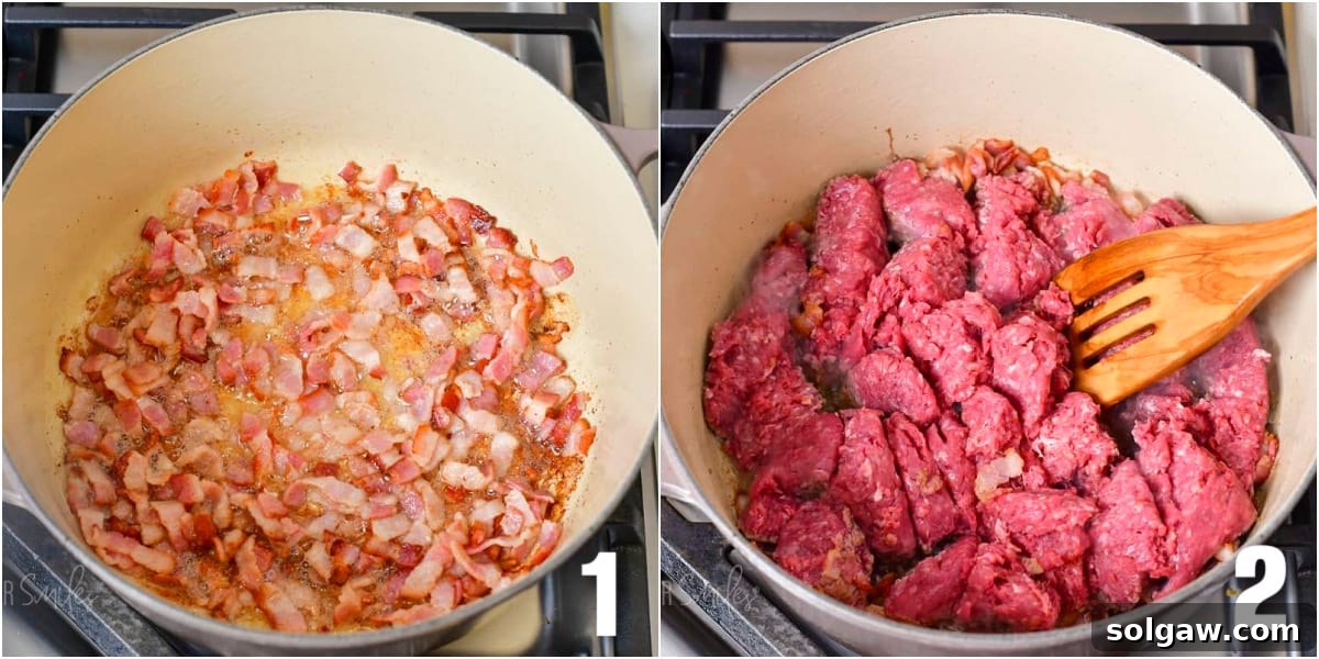 A two-image collage showing bacon sizzling in a pot, followed by ground beef being added and browned, essential steps for building the flavor base of the beef chili.