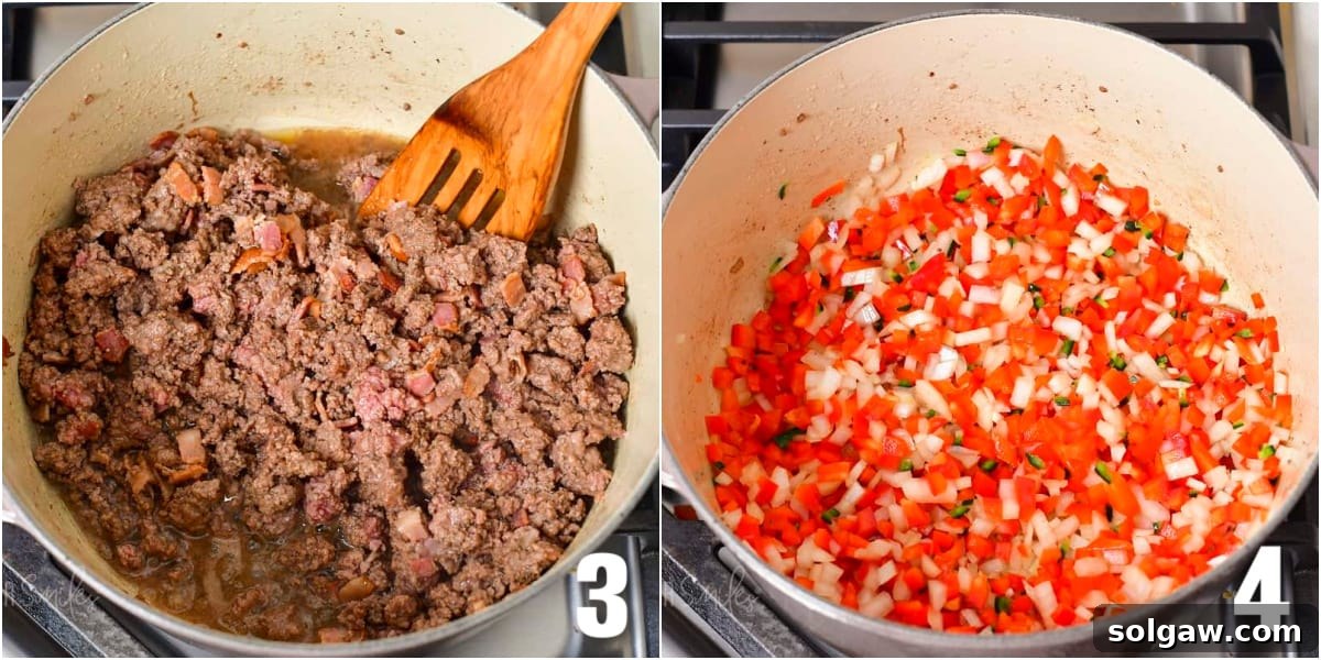 A two-image collage showing ground beef and bacon cooking in a pot, followed by diced onions and bell peppers sautéing separately to build flavor for the chili.