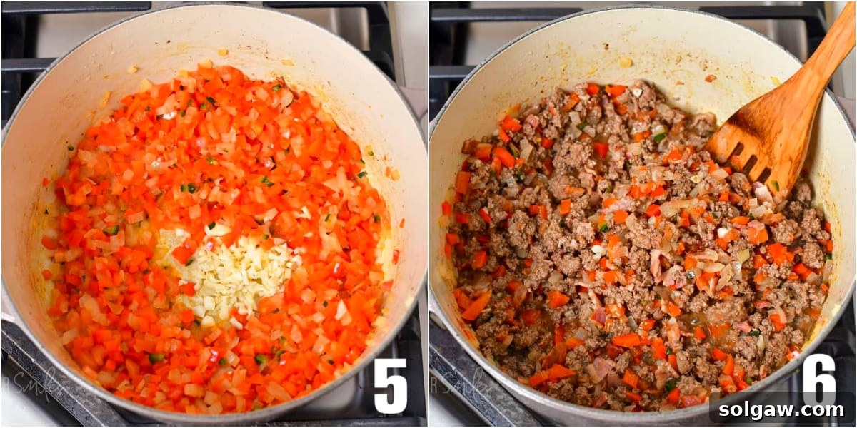 A two-image collage showing fragrant garlic being added to sautéed vegetables, and then the cooked beef being mixed back into the vegetables in the pot for chili.