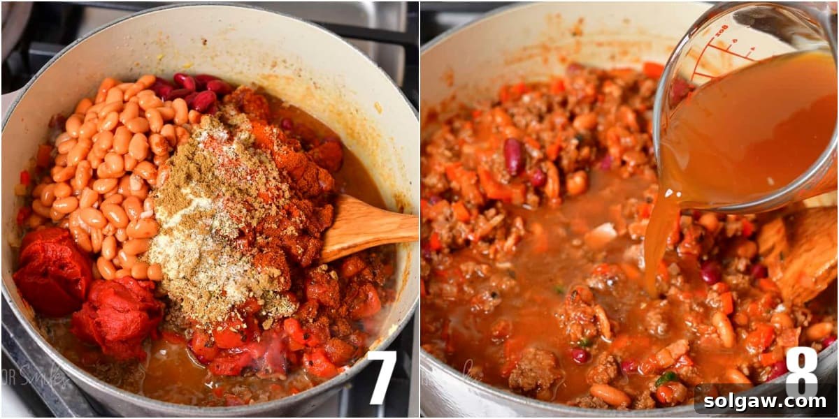 A two-image collage showing drained beans and seasoning added to the chili pot, followed by rich beef stock being poured in, ready for simmering.