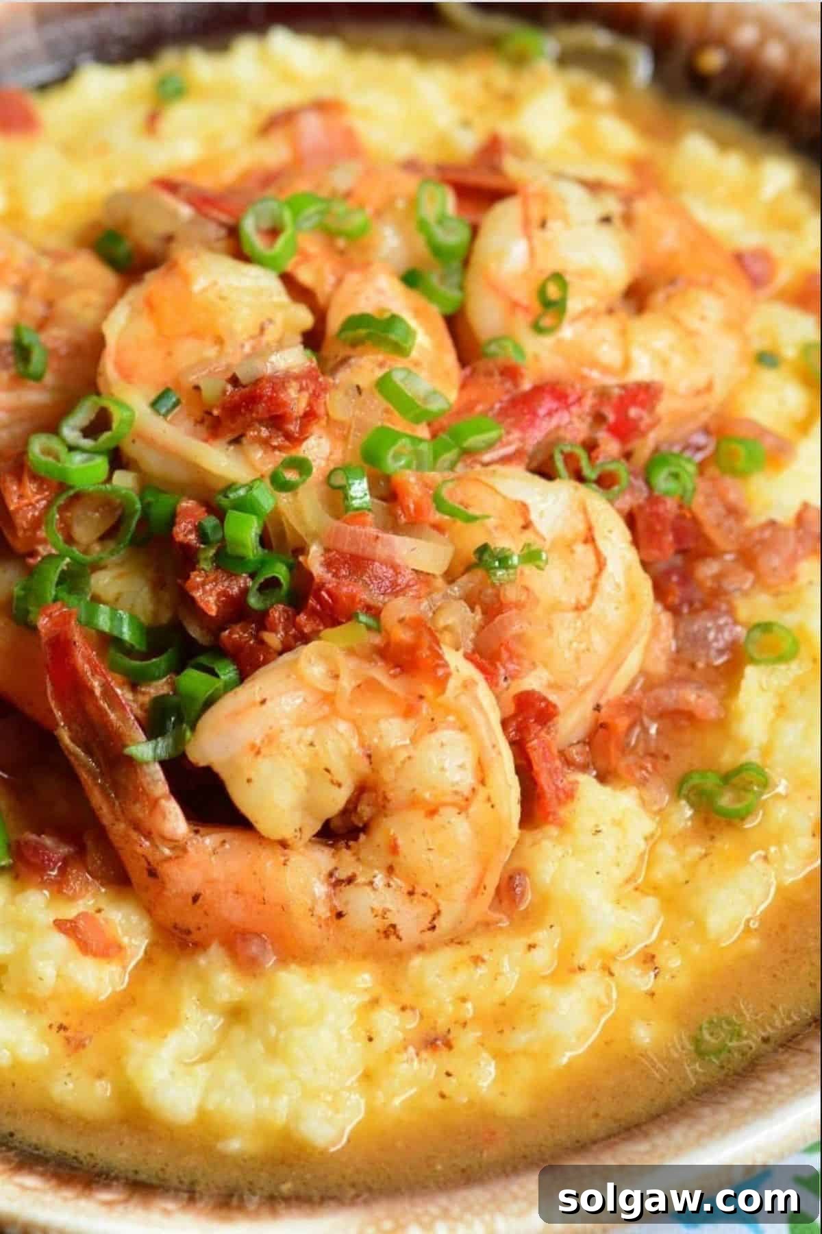 Southern Comfort Shrimp and Grits 2 Large shrimp, sun-dried tomatoes, and green onions served over a bed of creamy, cheesy grits, presented in a bowl.
