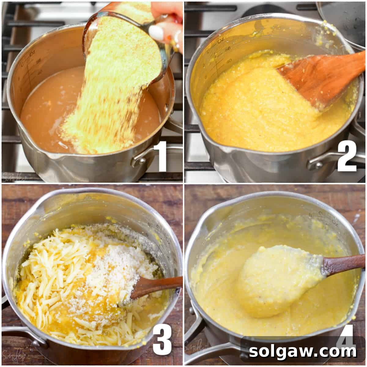 Southern Comfort Shrimp and Grits 4 A four-panel collage showing the process of cooking grits in a pot and mixing them with cheese to create creamy grits.