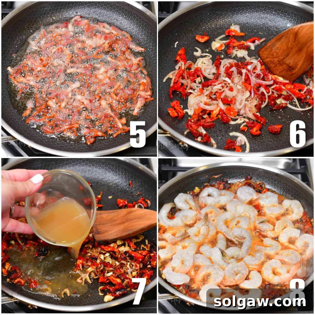 Southern Comfort Shrimp and Grits 5 A four-panel collage illustrating the cooking process for shrimp, bacon, vegetables, and sauce in a frying pan.