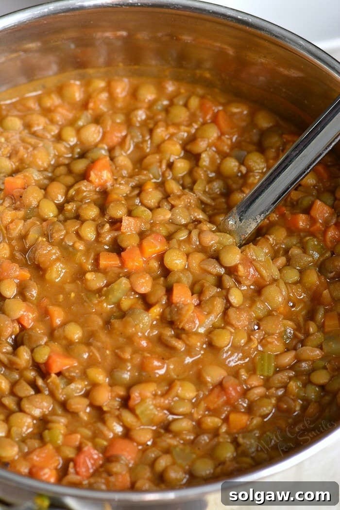 A silver ladle gracefully scooping out steaming, rich lentil soup from a large pot, ready to be served.