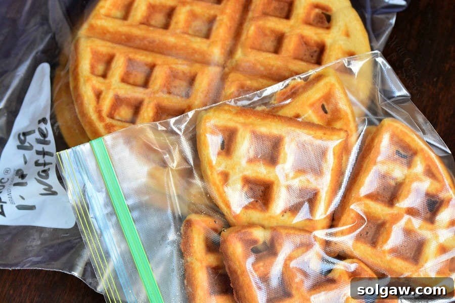 Golden brown waffles neatly stacked inside a clear ziplock freezer bag, ready for storage.