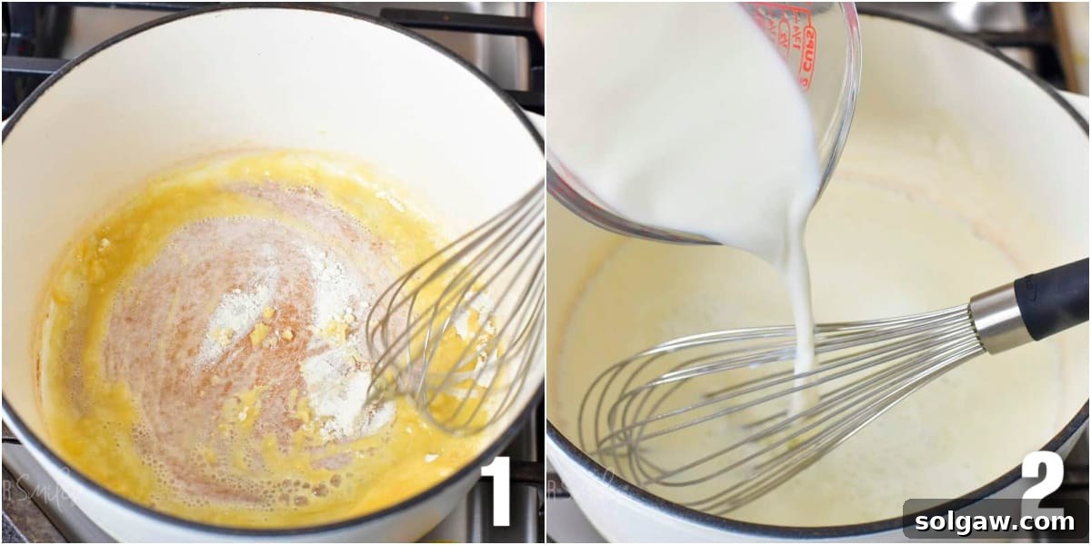 A collage of two images: one showing butter melting in a pot, and another showing flour being whisked into the melted butter, forming a roux.