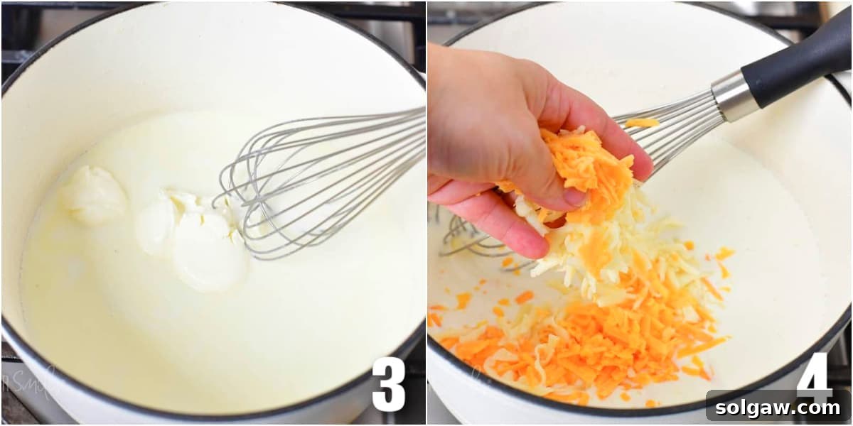 A collage of two images: one showing cream cheese being stirred into the milk and roux mixture, and another showing shredded cheddar cheese being added to the pot.