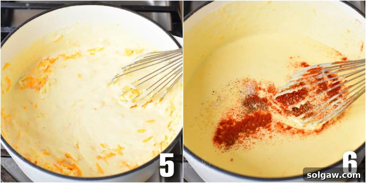 A collage of two images: one showing the melted cheese sauce being stirred in a pot, and another showing paprika, salt, and pepper being seasoned into the sauce.