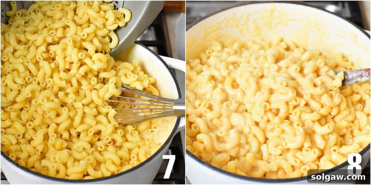 A collage of two images: one showing cooked macaroni being added to the cheese sauce in a pot, and another showing the macaroni being mixed thoroughly with the sauce.