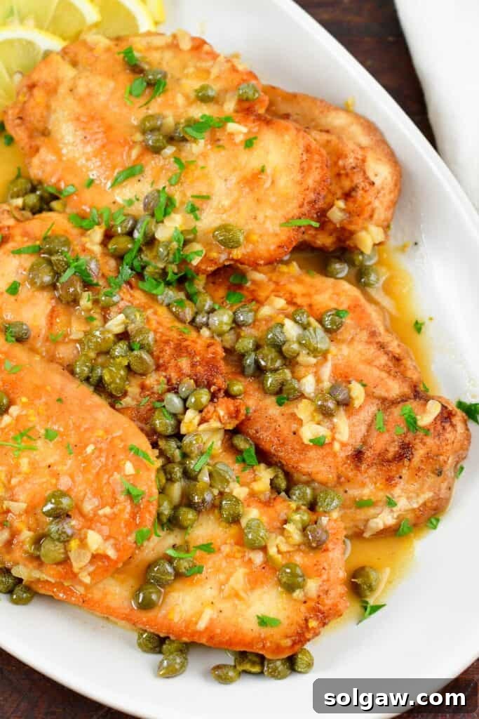 Top view of a beautifully plated chicken piccata with a rich lemon-butter sauce and capers, garnished with fresh parsley.