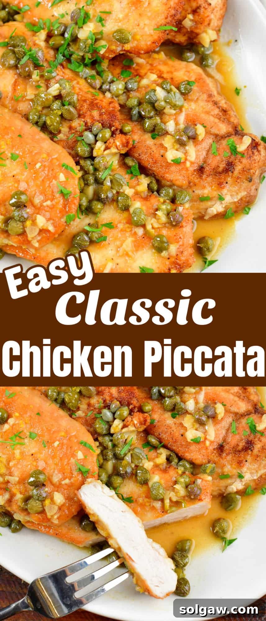 A collage of two close-up images showing the exquisite texture and presentation of Chicken Piccata.