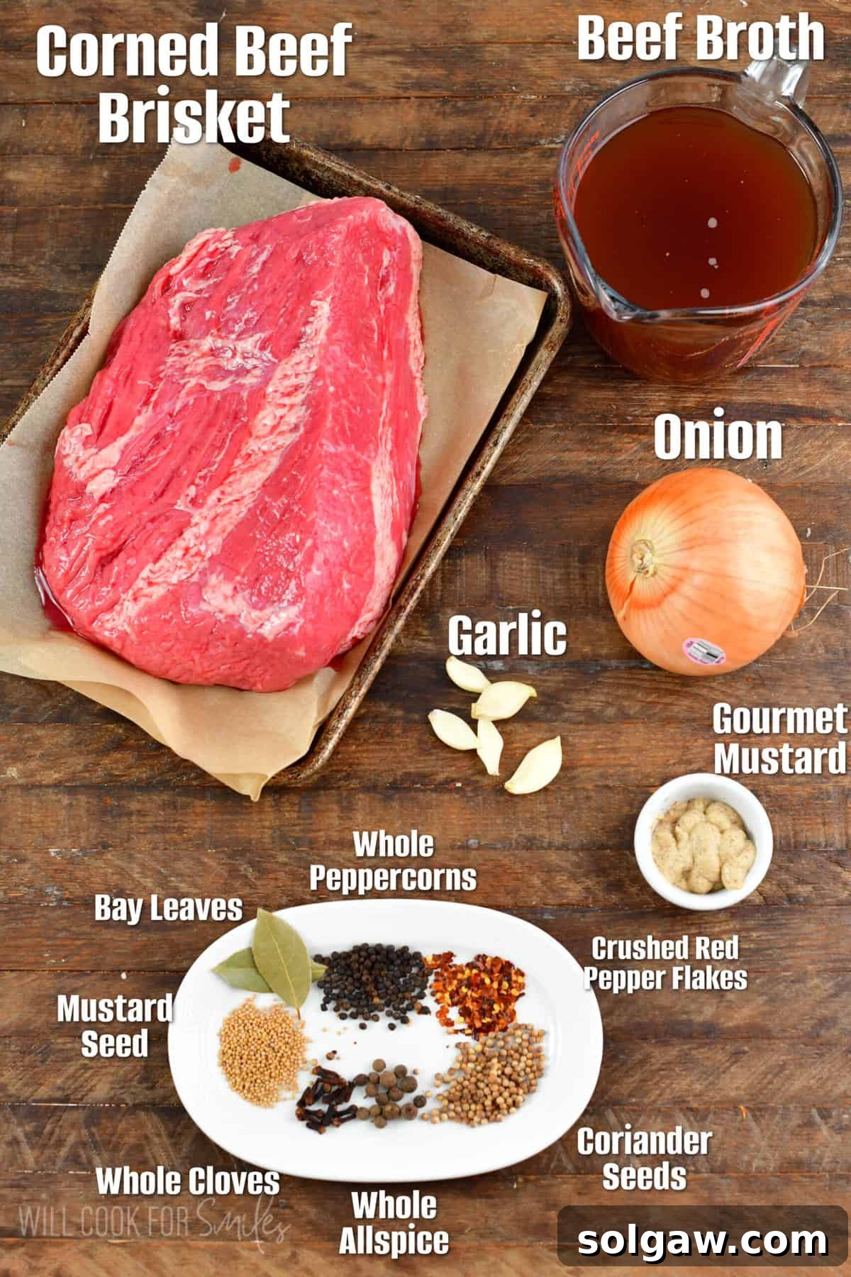 Labeled array of essential ingredients, including corned beef brisket, spices, onion, garlic, and beef broth, artfully arranged on a wooden surface for Instant Pot preparation.