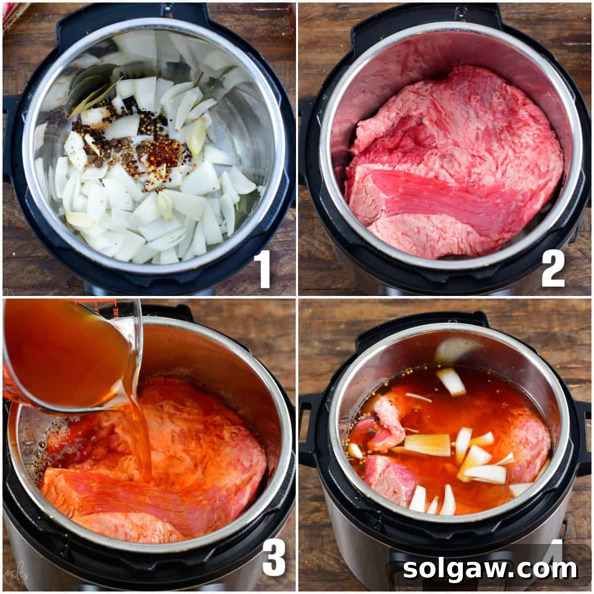 A four-image collage demonstrating the initial steps of preparing Instant Pot corned beef: adding quartered onion, smashed garlic, and the spice blend to the pot, followed by placing the brisket fat-side up.