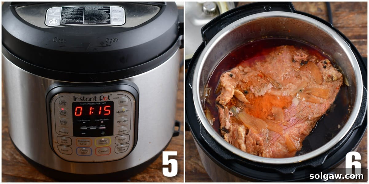 A two-image collage showing the Instant Pot lid being secured, followed by the corned beef brisket cooking under pressure inside the Instant Pot.