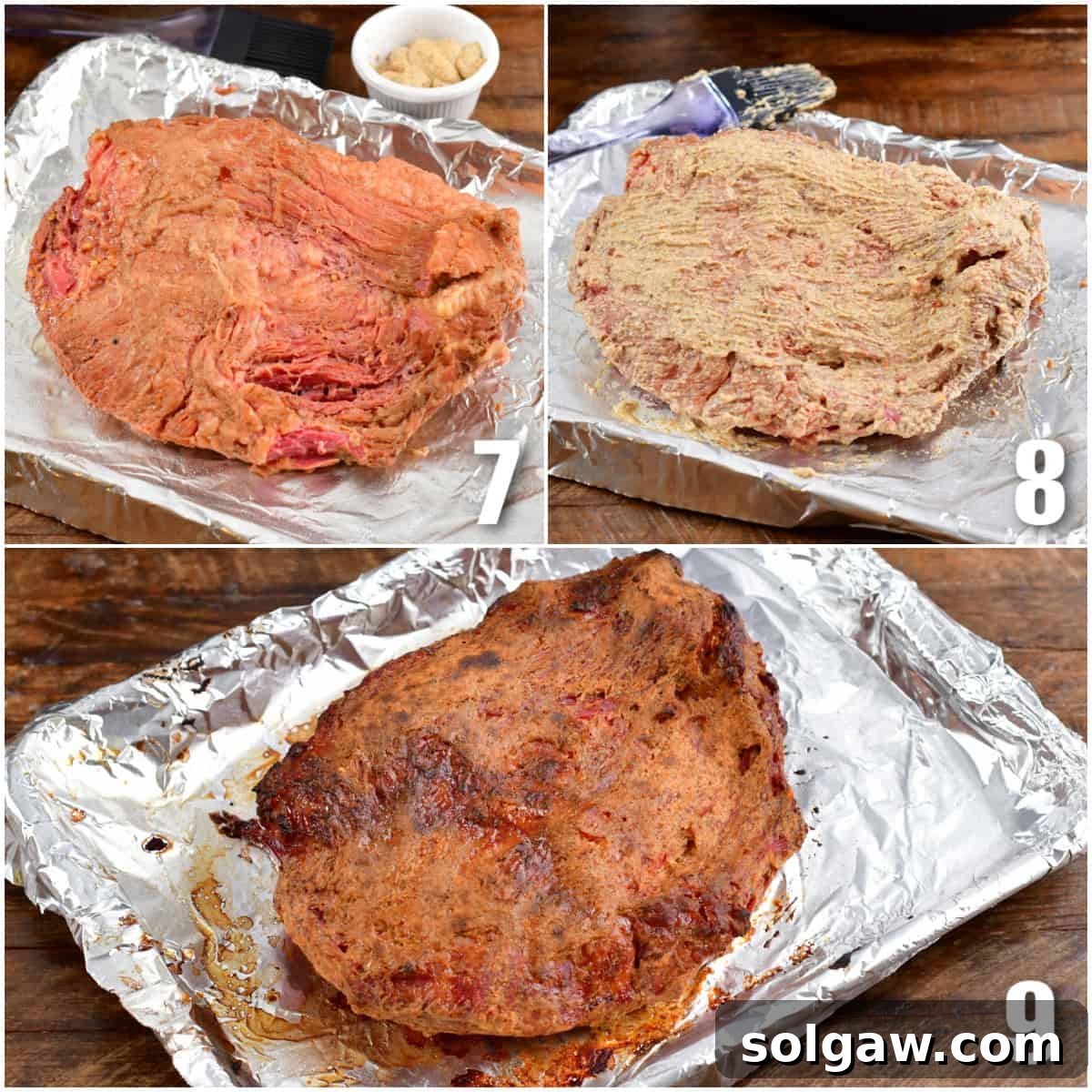 A three-image collage illustrating the final steps: applying spicy mustard to the cooked corned beef, placing it on a baking sheet, and the delicious result with a caramelized crust after broiling.