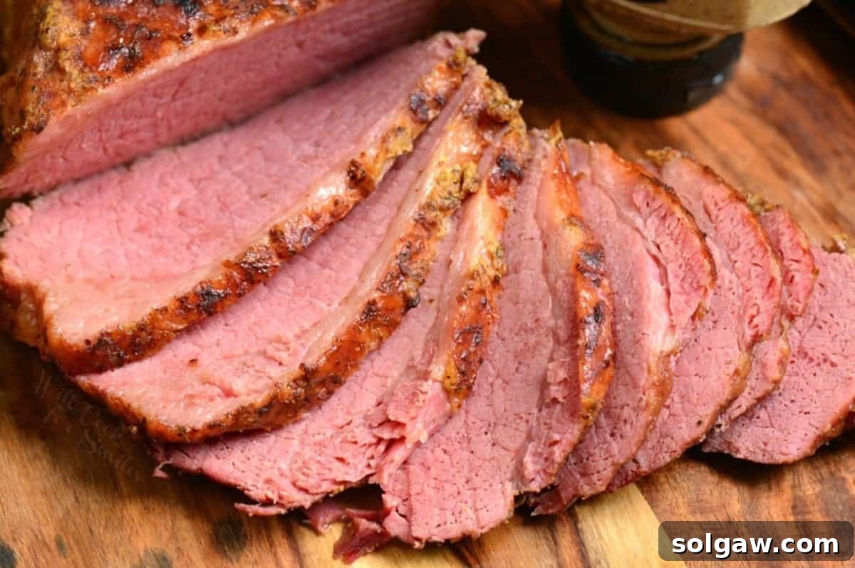Thick, juicy slices of Instant Pot corned beef brisket arranged on a wooden cutting board, showcasing its tender texture.