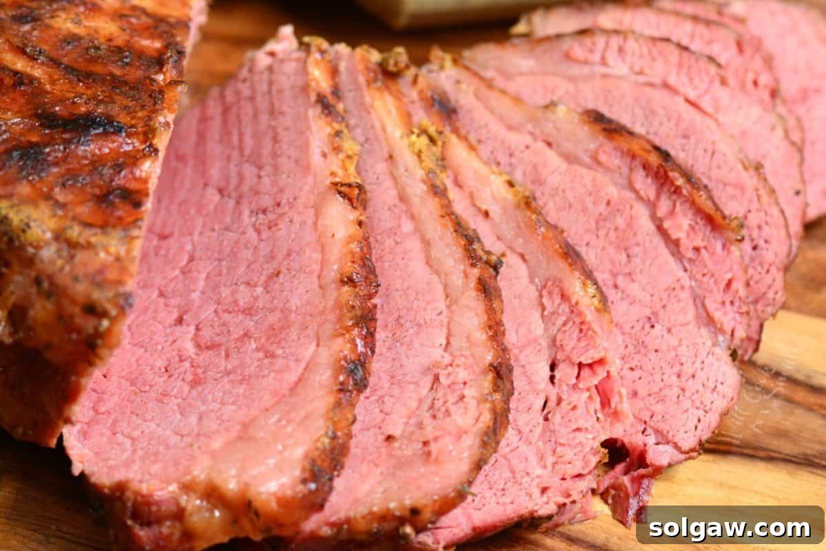 A stunning close-up of tender Instant Pot corned beef, both whole and sliced, resting elegantly on a wooden cutting board, ready to be enjoyed.