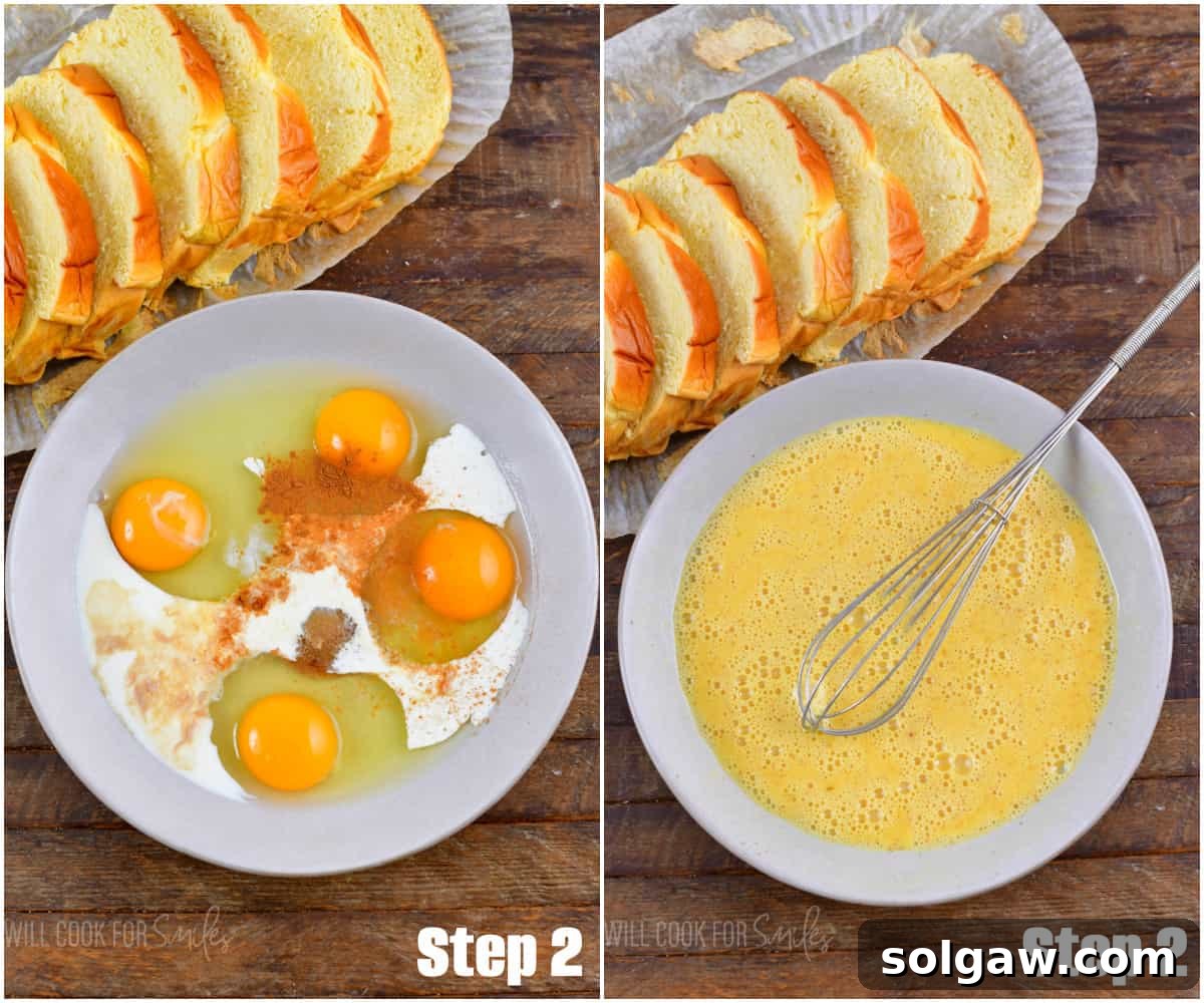A visual comparison of French Toast custard: before whisking with whole eggs and cream, and after achieving a smooth, well-combined consistency.