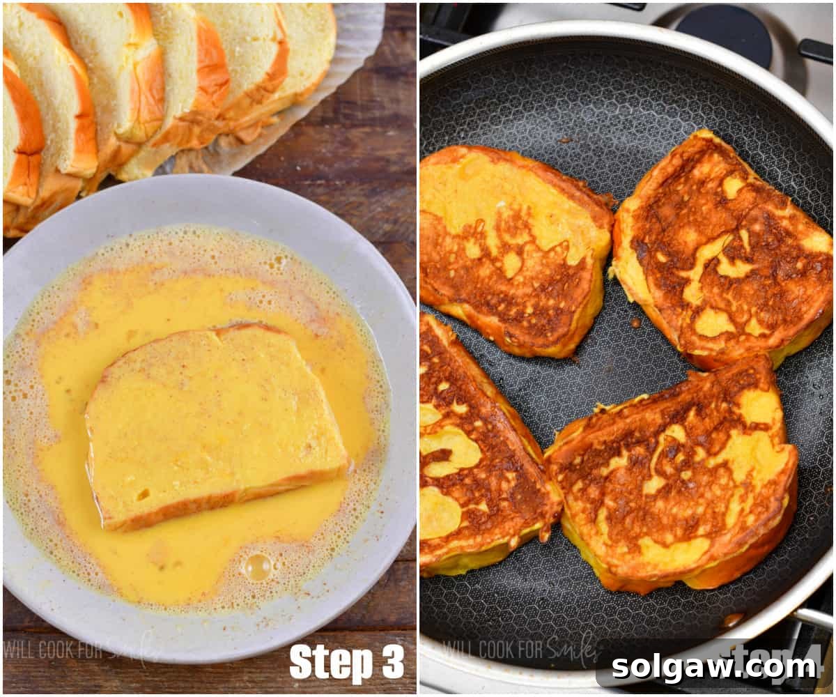 A collage showing the process of making French Toast: a slice of bread soaking in creamy egg mixture, and then perfectly cooking to a golden brown in a hot skillet.