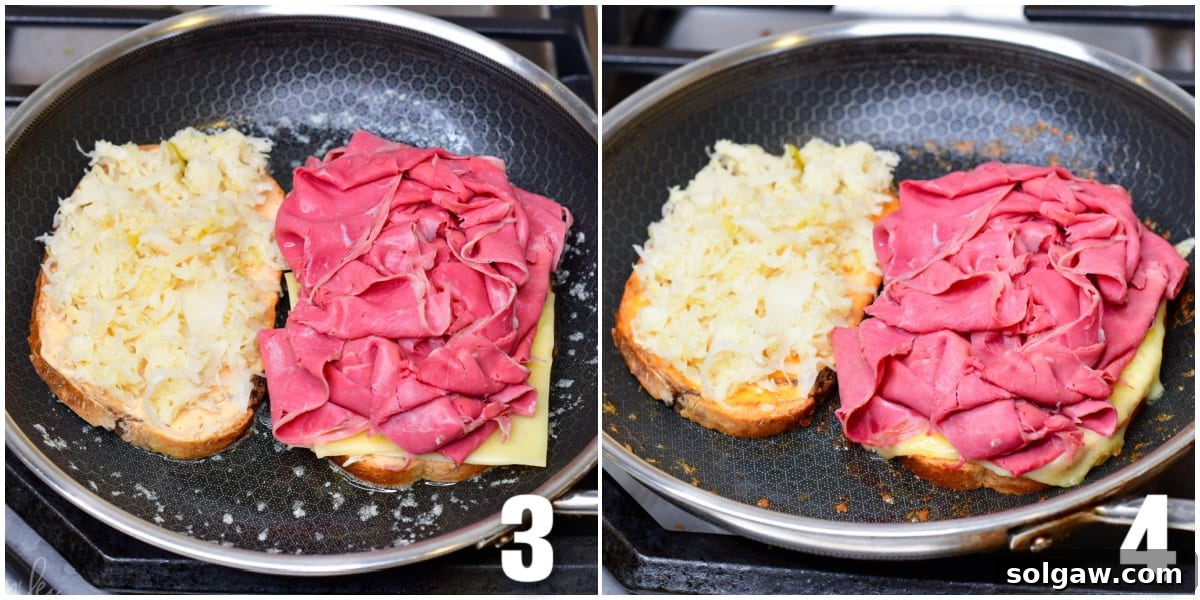 The assembled Reuben sandwich is carefully placed in a hot skillet to toast.