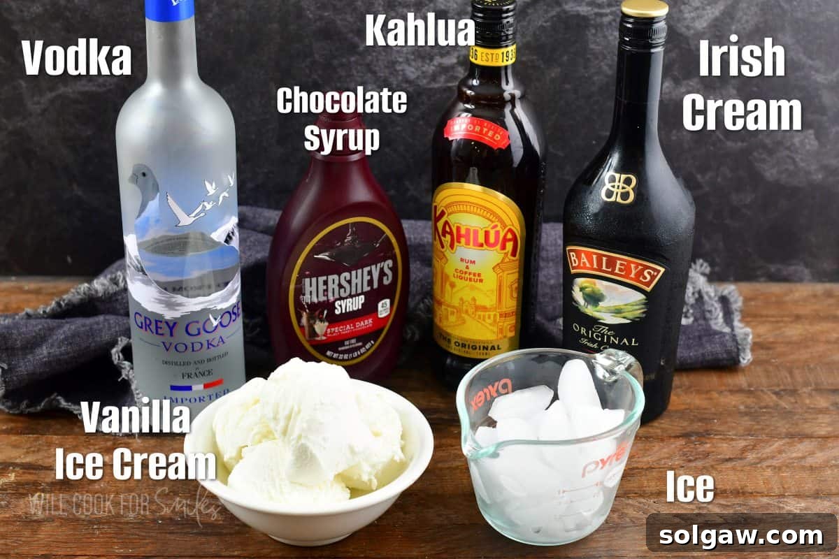 Fork in the Torrent 4 Labeled ingredients for a frozen Mudslide, including vanilla ice cream, ice, Irish cream, Kahlua, and vodka.